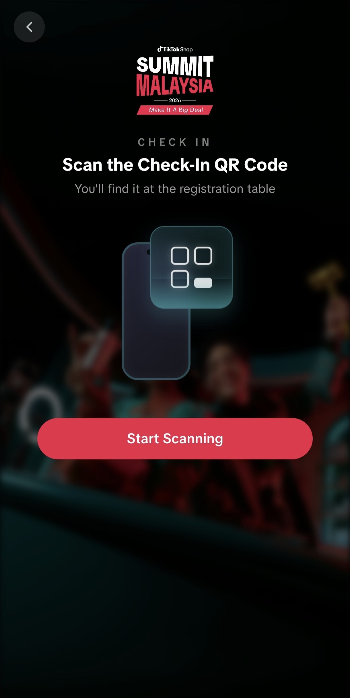 Attendee check-in screen with a Start Scanning button