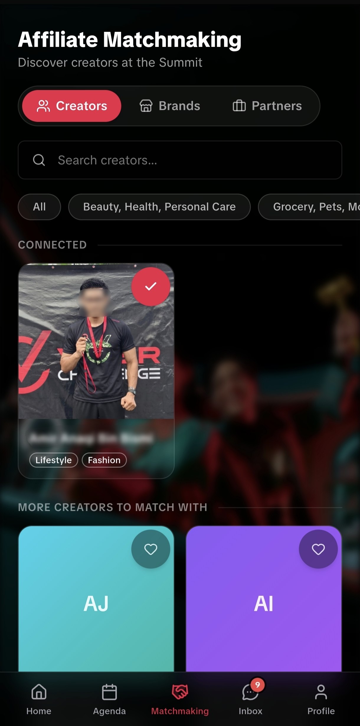 Affiliate Matchmaking tab showing a connected creator profile and more creators to match with